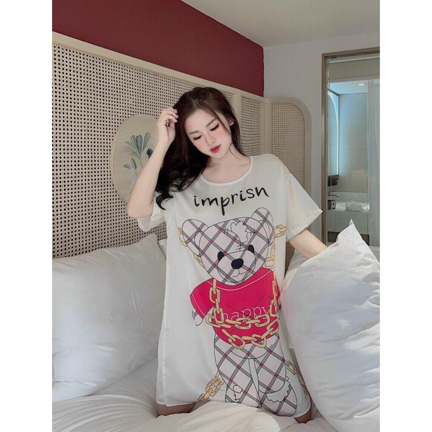 OTL-Đầm váy suông lụa satin fom rộng mặc nhà ngủ thoải mái họa tiết gấu bự siêu cute TASA