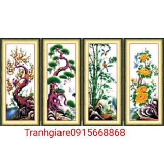 Tranh thêu chữ thập bộ tứ quý tùng cúc trúc mai tuyệt đẹp kt 100×40×4.