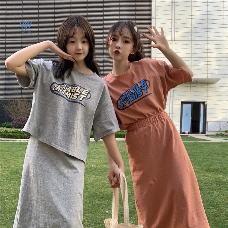 Set áo thun ngắn tay in chữ + Chân váy xòe thời trang Hàn cho nữ