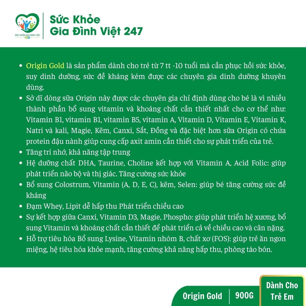 Sữa Origin Gastro - Gold - Baby 900 - Bổ Sung Dinh Dưỡng Phát Triển Toàn Diện Cho Bé suckhoegiadinhviet247