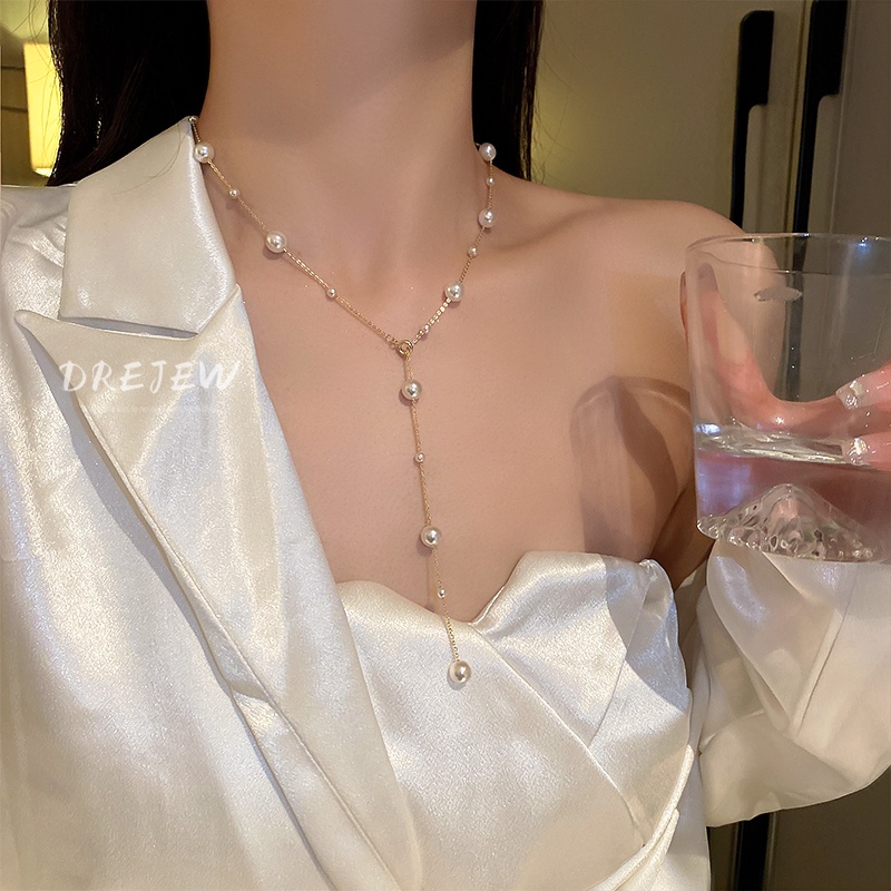DREJEW Dây chuyền dáng dài đính ngọc trai phong cách Hàn Quốc thời trang