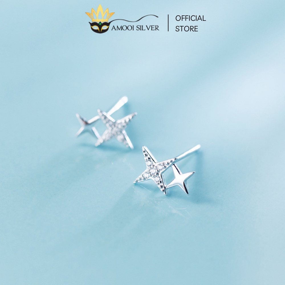 Bông Tai Bạc Cao Cấp S925 Mẫu Đôi Sao Đính Đá Cao Cấp - Amooi Silver AB109