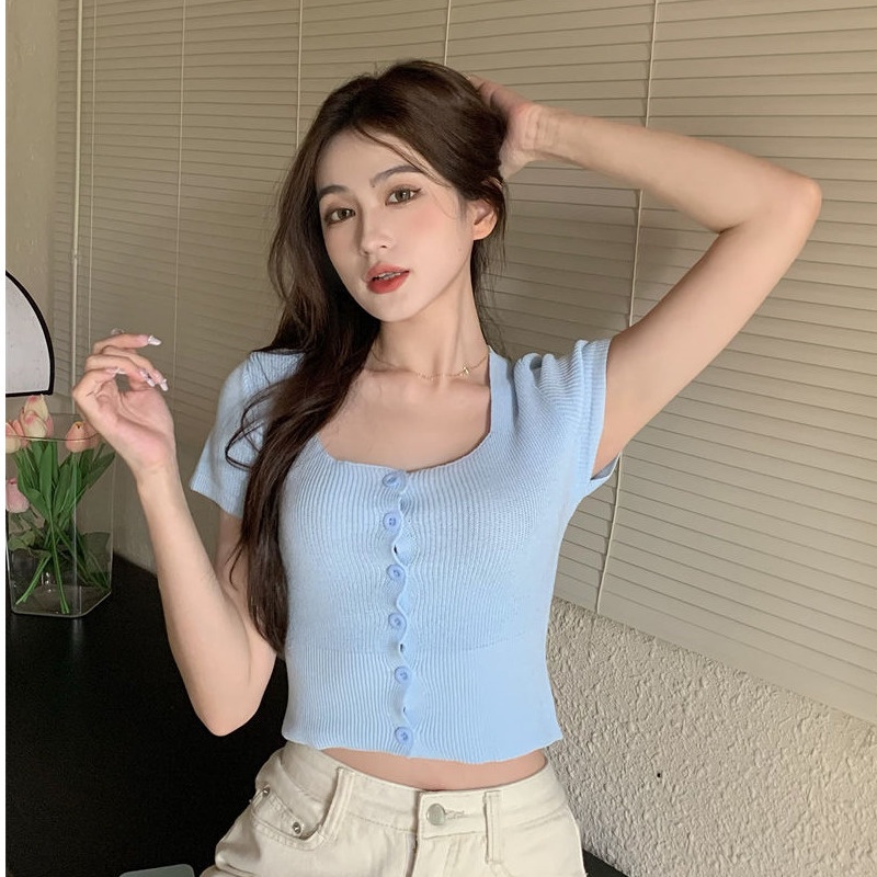 Áo Len Tay Ngắn Cổ Vuông Màu Sắc Ngọt Ngào Thời Trang Mùa Hè Cho Nữ