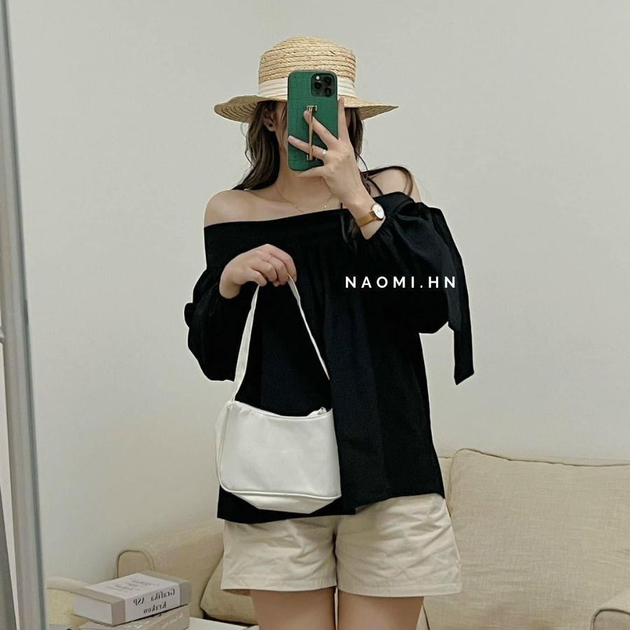 Áo trễ vai sang chảnh cho nàng dịu dàng phối buộc nơ vai. Áo kiểu nữ trễ vai chất đũi mát 3 màu HOTHIT.