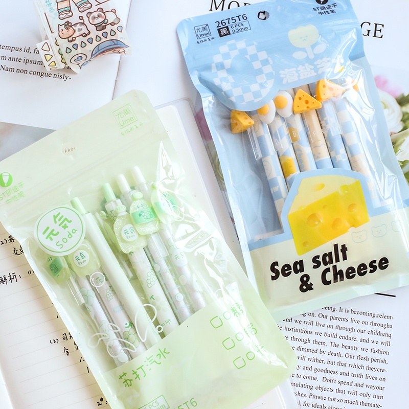 Bộ 6 Bút Mực Gel Đen Hình Hoạt Hình Dễ Thương Có Thể Thu Gọn