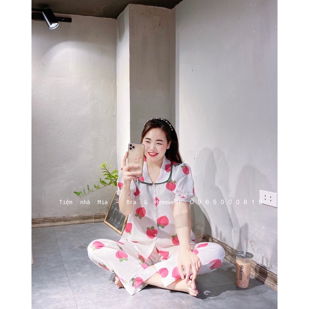Tiệm nhà Mia - Bộ ngủ pỵjama cổ tròn chất lụa latin mịn 2 mặt gấu