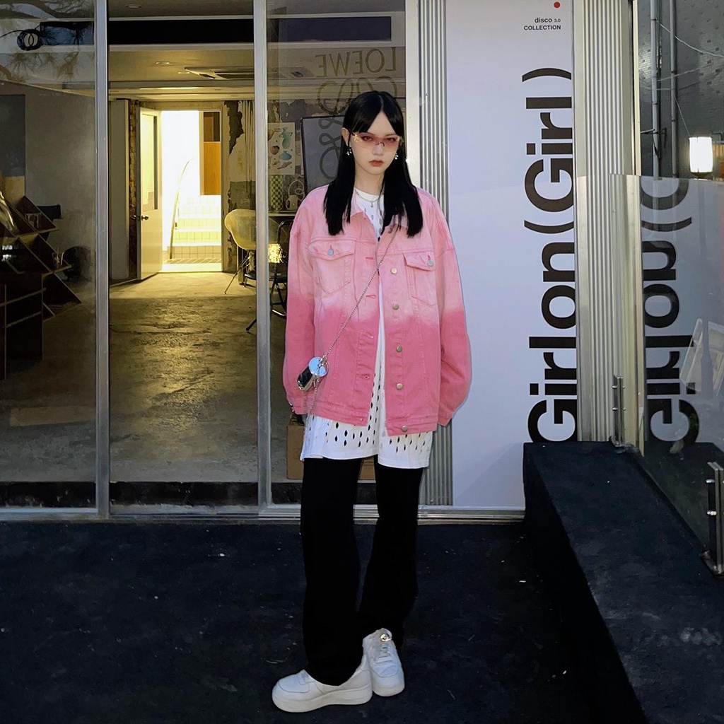 Áo Khoác Denim Dáng Rộng Màu Nhuộm Gradient Thời Trang Thu Đông Cho Nữ