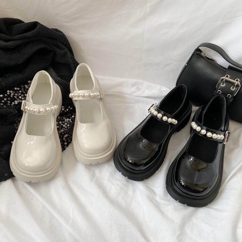 Giày búp bê lolita nữ đế cao cao cấp ulzzang mũi tròn phối quai ngọc xinh mã D36