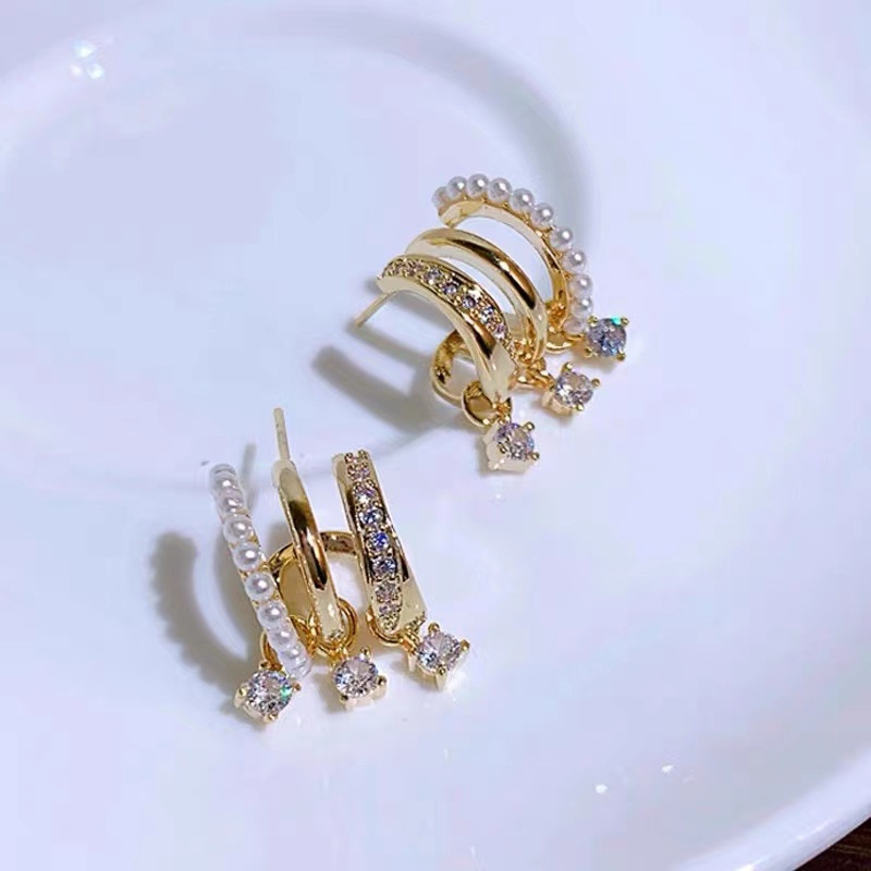 2022 Bông Tai Đính Đá Zircon 3 Vòng Tròn Tua Rua Đơn Giản Kiểu Nhật Hàn s925