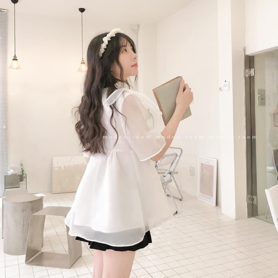 Áo Babydoll Trắng Phối Nơ Vai JOLIE Nữ  🌸 Thun kiểu bánh bèo tiểu thư mặc đi biển hàn quốc đẹp Ulzzang 🌸