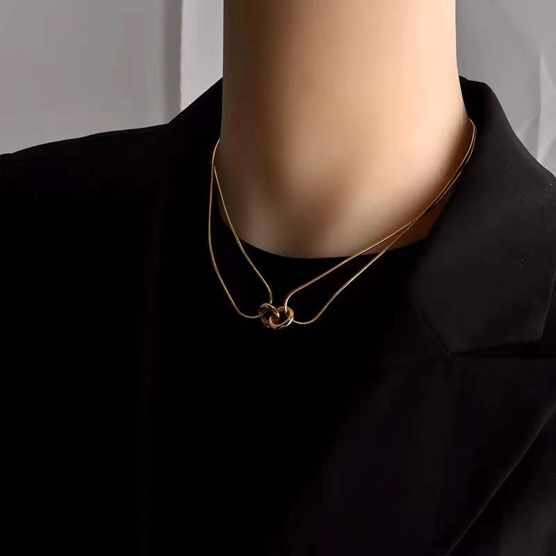 Dây chuyền ngắn thép titan xương rắn phối mặt có họa tiết lồng vào nhau không phai màu không gây dị ứng cao cấp cho nữ
