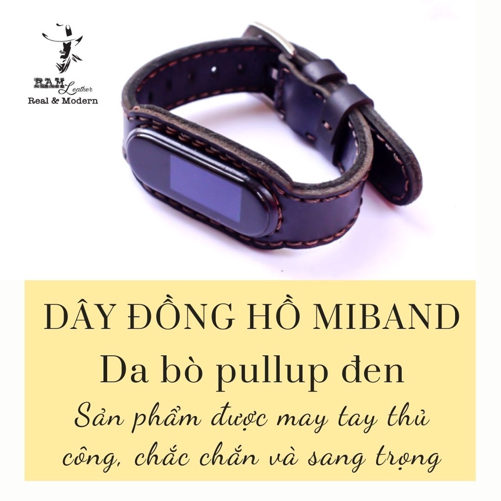 Dây đồng hồ RAM Leather vintage cho miband 4 và miband 3 ver2 - da bò đen tuyền (da bò thật) - RAM Leather