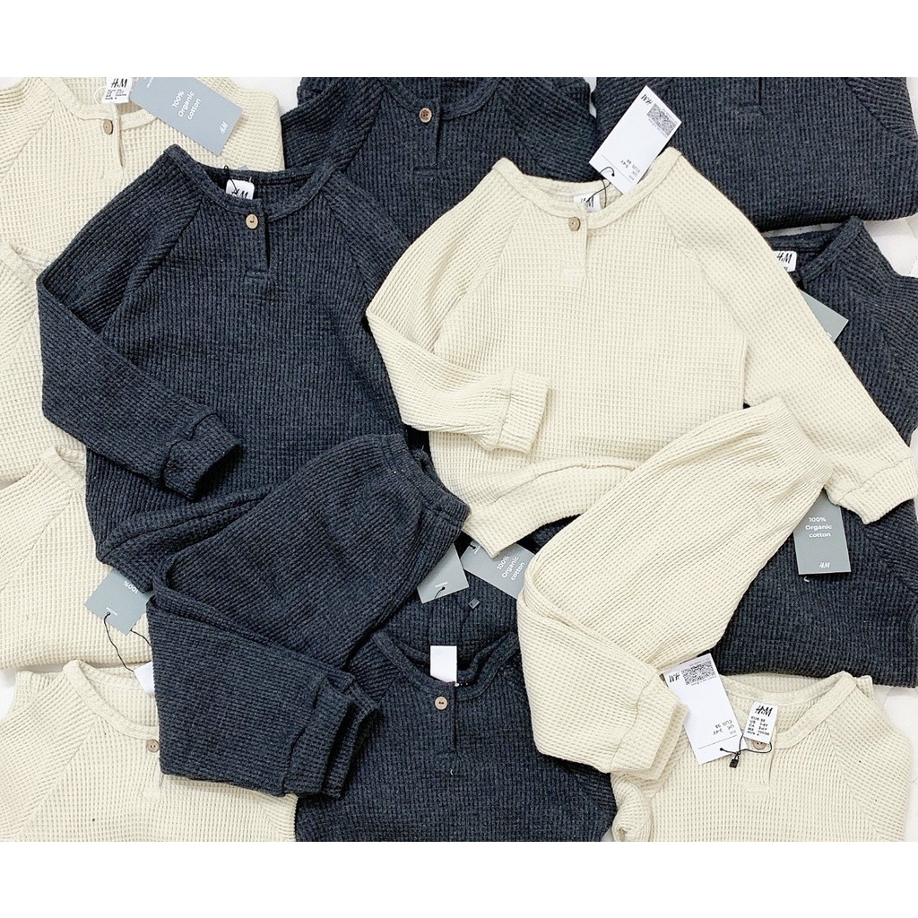 Bộ bé trai bé gái Combo 2 bộ cotton tổ ong thu đông dài tay cổ tròn bo gấu hàng vnxk - MÃ HH01