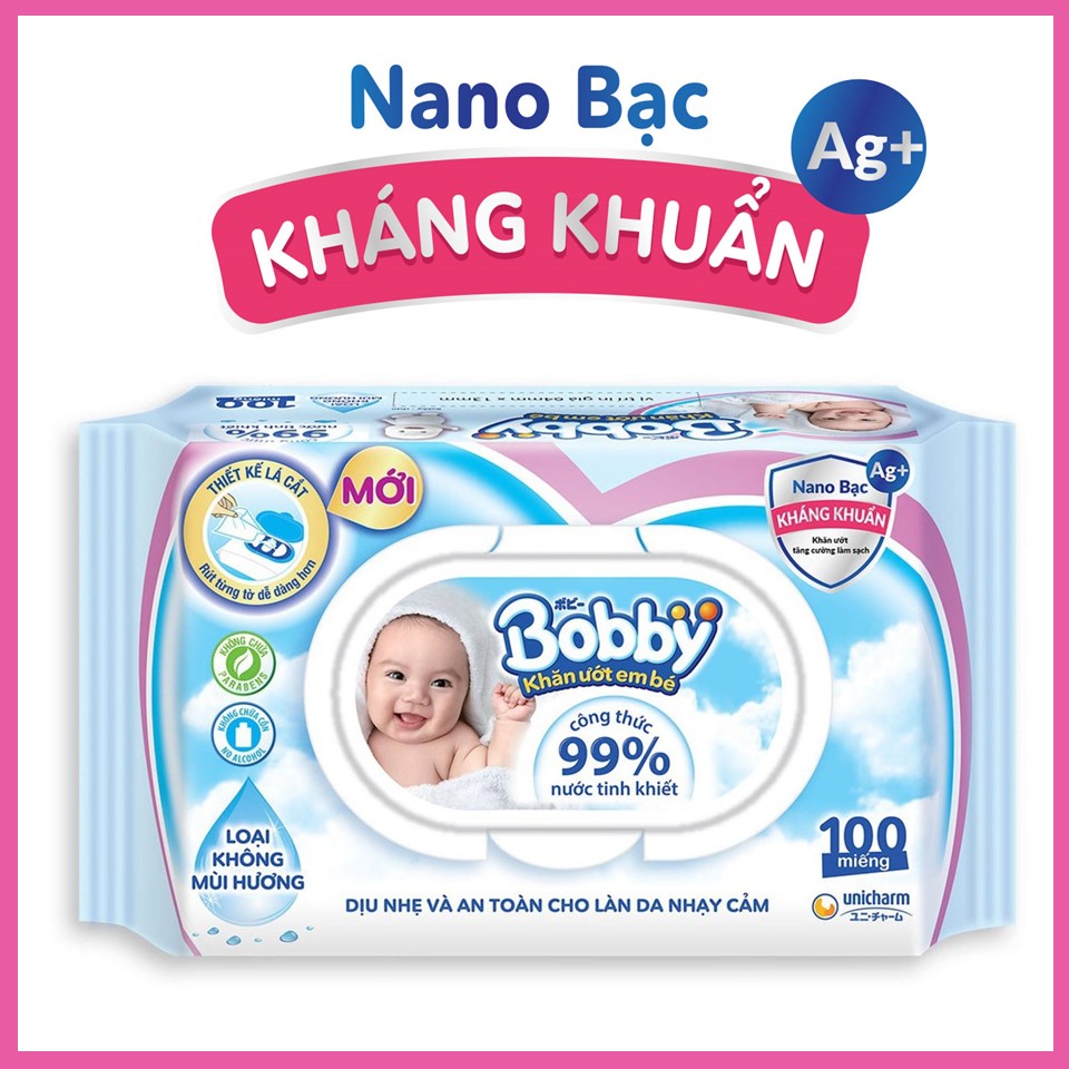 Khăn giấy ướt Bobby Baby Care Nano bạc không mùi 100 miếng/bịch