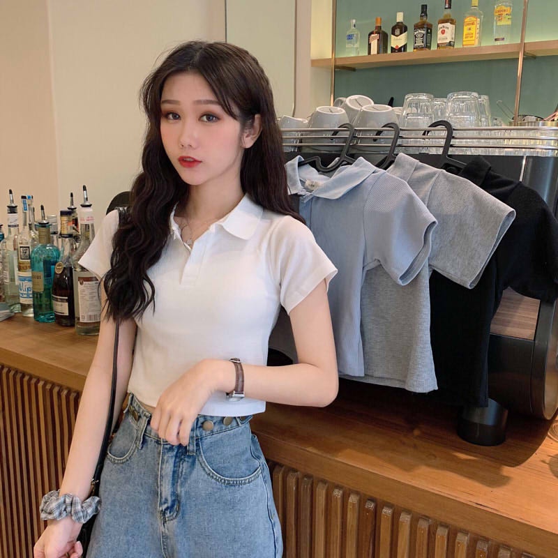 A048 Áo Phông Croptop Polo Cổ Bẻ Thun kiểu dáng ngắn cộc tay crt năng động thể thao cá tính hàn quốc Ulzzang đen trắng