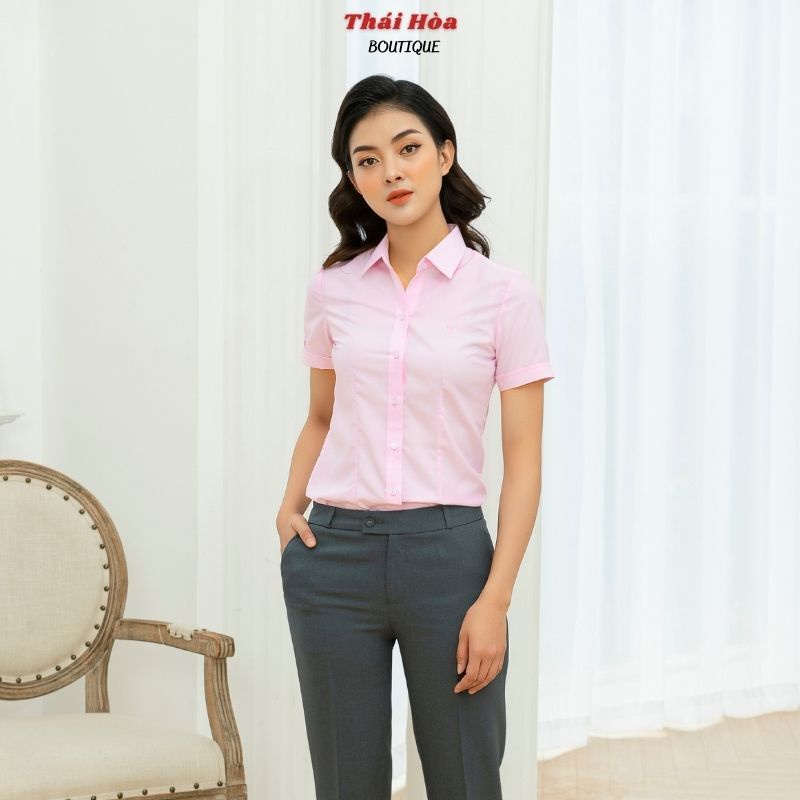 CHÍNH HÃNG THÁI HOÀ Áo sơ mi nữ màu hồng trẻ trung 047 8919