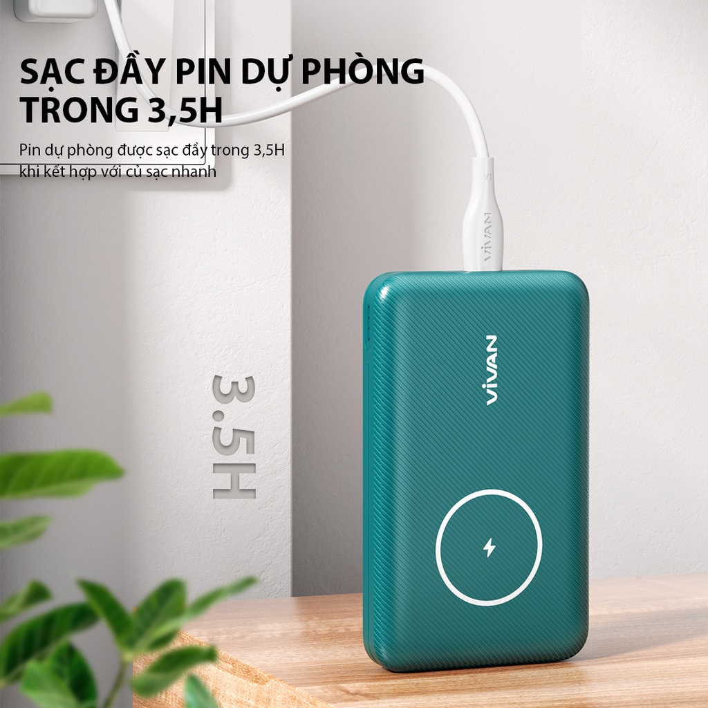 Pin Dự Phòng Không Dây Từ Tính 10000 mAh VIVAN VPB-W12 Output Chuẩn QC3.0 PD