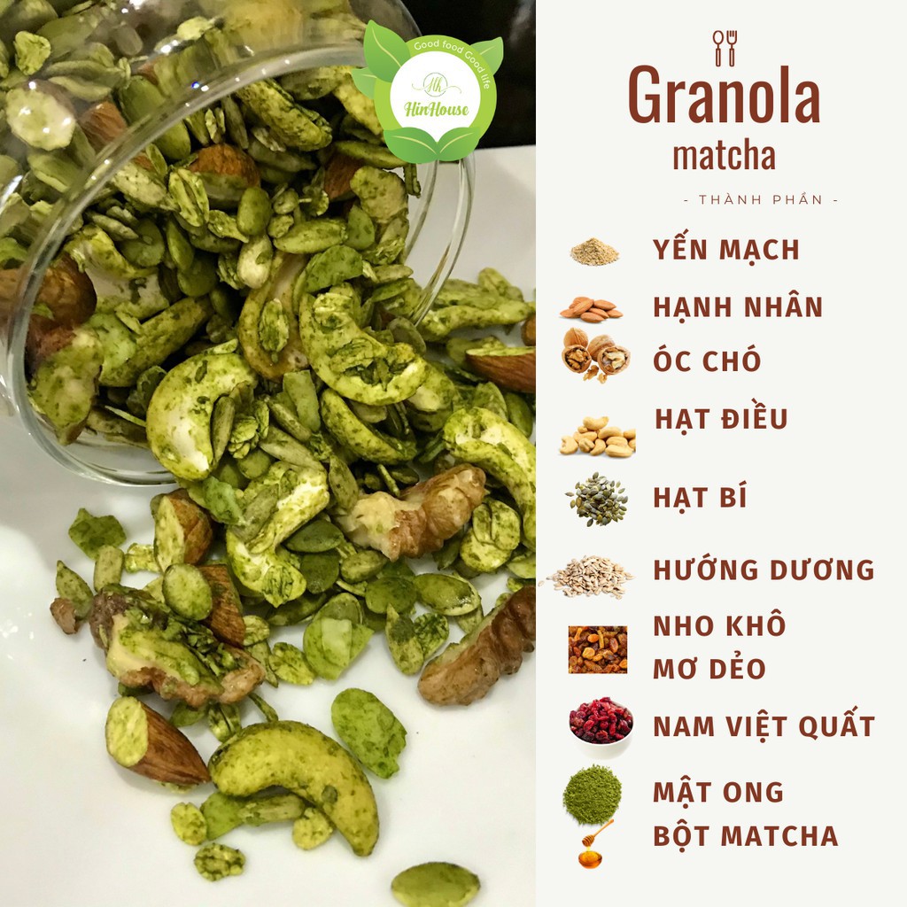 Granola không đường vị mật ong, cacao, matcha 1kg HINHOUSE