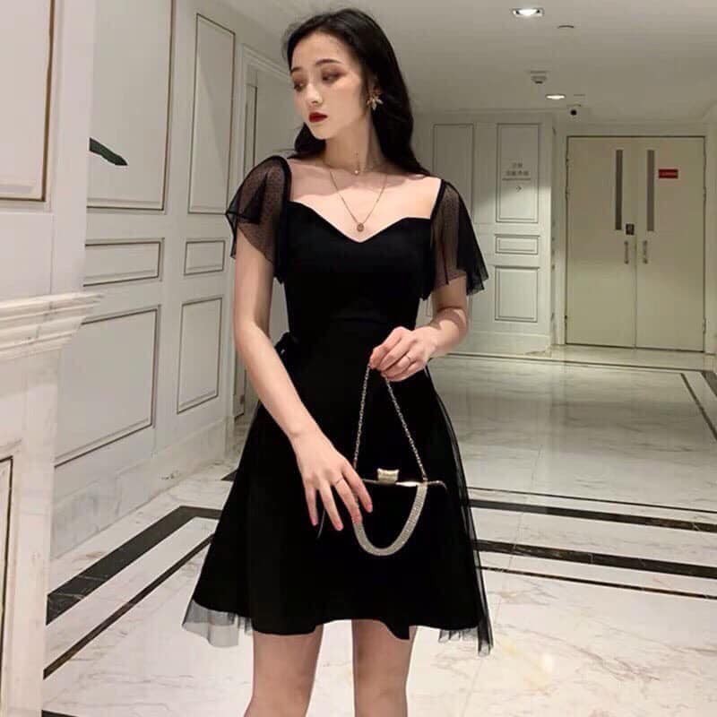 Đầm phối lưới thắt nơ eo