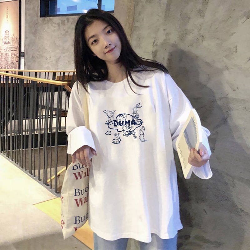 Áo Thun Cotton Tay Dài Dáng Suông Dễ Phối Đồ Thời Trang Phong Cách Hàn Quốc Cho Nữ