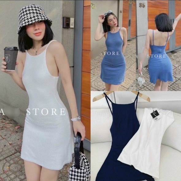 Váy hai dây body nữ - đầm 2 dây len tăm có mút ngực