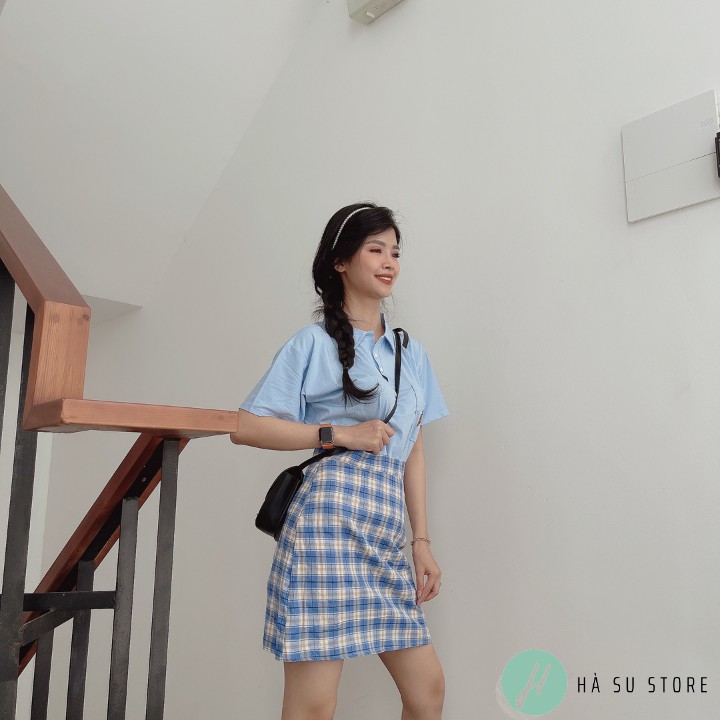 Set Đồ Nữ Ulzzang Áo Phông Tay Lỡ Có cổ + Chân Váy Kẻ Sọc Dáng Chữ A (Có ảnh + video thật)