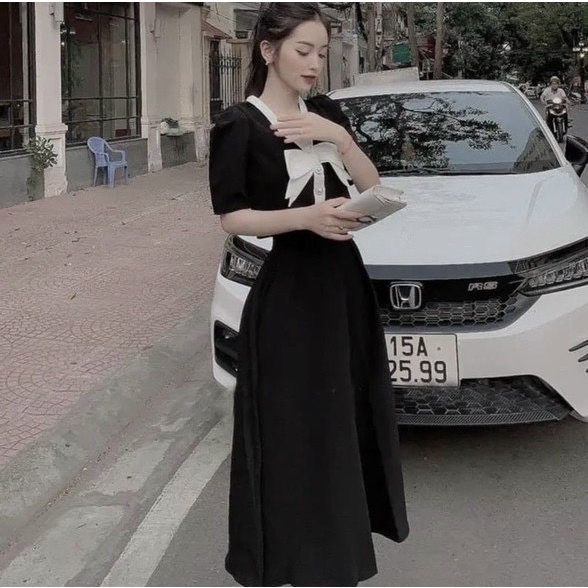 Set đầm lụa cao cấp , set đầm dự tiệc , đầm trắng đen đính nơ sang chảnh