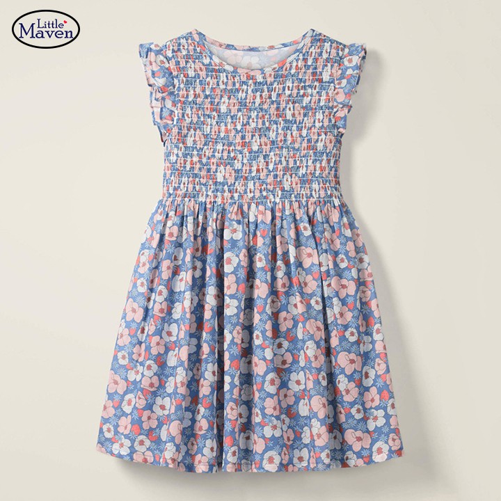 Váy bé gái Thương Hiệu Little Maven Smock hoa màu xanh cho bé 2-7 tuổi