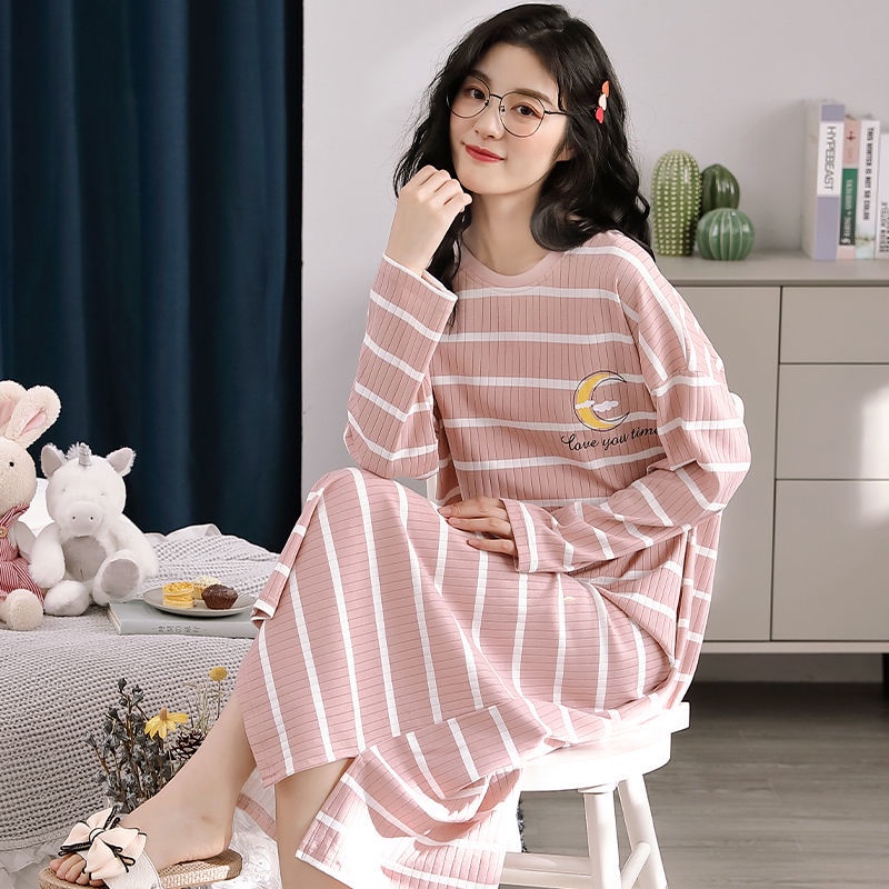 Đầm Ngủ Cotton Tay Dài Dáng Rộng Thời Trang Xuân Thu Cho Nữ