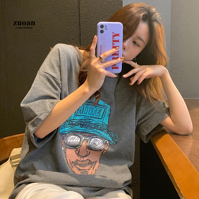 SUXI Áo sơ mi in chân dung cổ điển dài vừa phải tay lửng thời trang