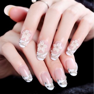  Bộ 24 móng tay giả đính đá và hoa trắng (keo sẵn+miếng dán+dũa)  Tboot5