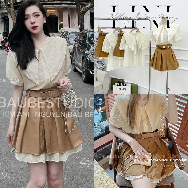 (LOẠI1) SET SƠ MI CỔ NHỌN KÈM CHÂN VÁY XOÈ GAM NÂU TÂY VINTAGE CHUẨN CHANGMOON