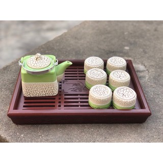 Bộ ấm chén men rạn màu Bát Tràng + Khay nhựa giả gỗ