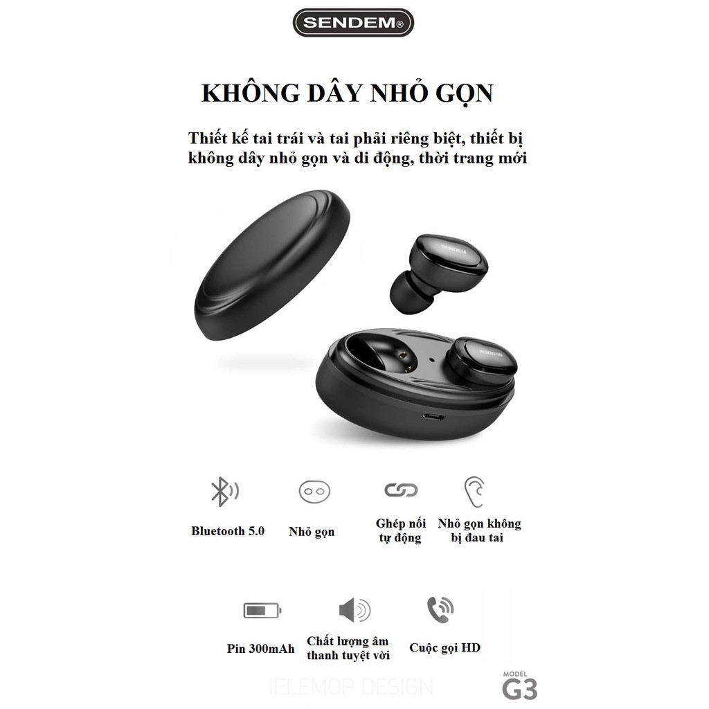 [SIÊU PHẨM MỚI] Tai nghe Bluetooth True Wireless v5.0 SENDEM G3 siêu nhỏ - 6 tiếng sử dụng - Hàng chính hãng