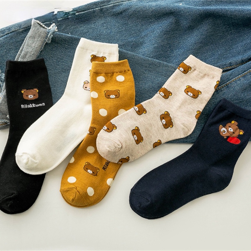 Vớ cotton cổ cao In họa tiết gấu xinh xắn cho nữ