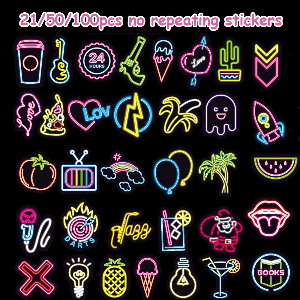 21/50/100pcs no repeating Stationery Vinyl PVC Luggage Decor DIY Craft Photo Laptop Neon Light Stickers