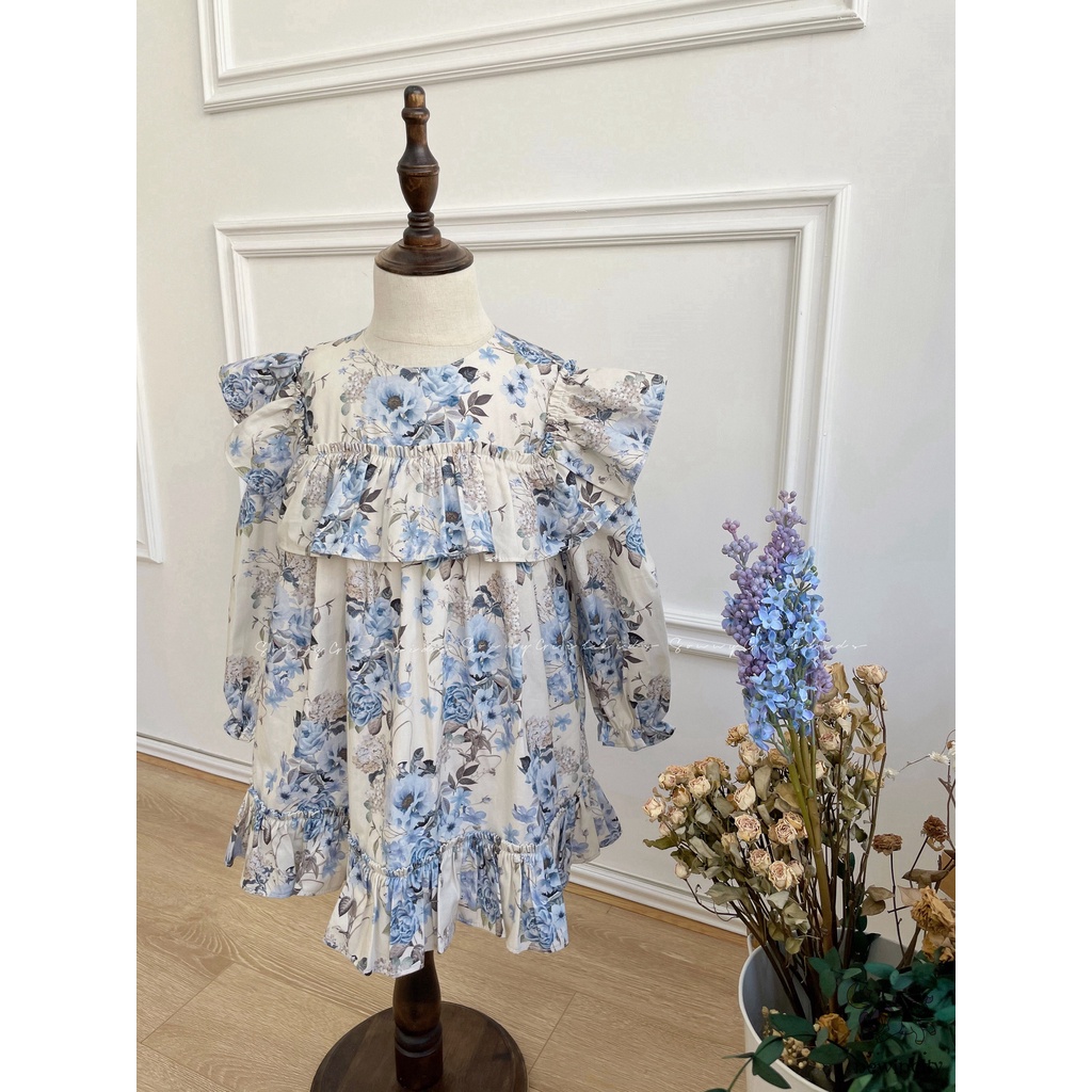 Đầm Công Chúa Tay Dài In Hoa Phối Bèo Kiểu Hàn Quốc Xinh Xắn Cho Bé Gái