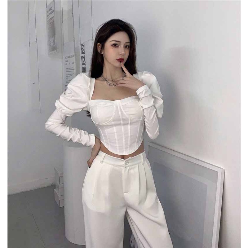 Áo dài tay cổ vuông tay bồng cúp ngực