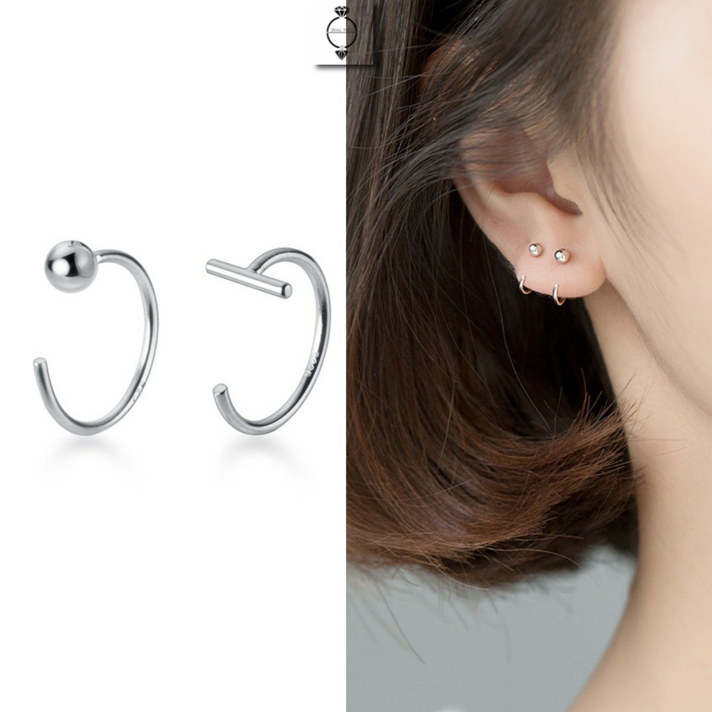 Bông tai bạc ý 925 móc tròn bi thanh dài khuyên tai nữ nam