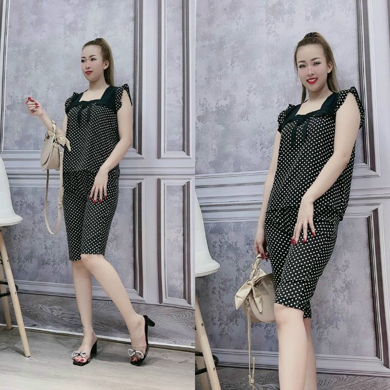 Đồ bộ nữ ALO_91 SHOP, Đồ ngủ lụa lửng họa tiết chấm bi ( Freesize 47_57kg) | BigBuy360 - bigbuy360.vn