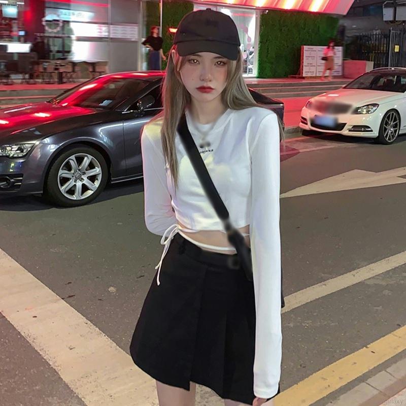 Áo thun croptop tay dài cổ tròn màu sắc đơn giản phong cách Hàn Quốc cho nữ