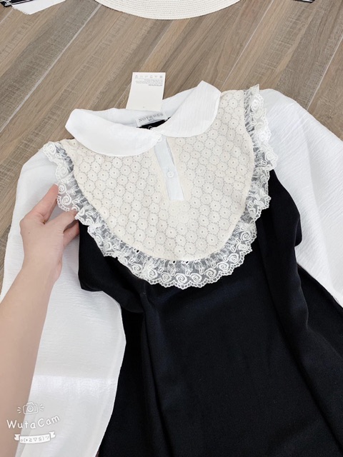 Váy đũi phối tơ cổ sen trắng dễ thương vô cùng lun nà