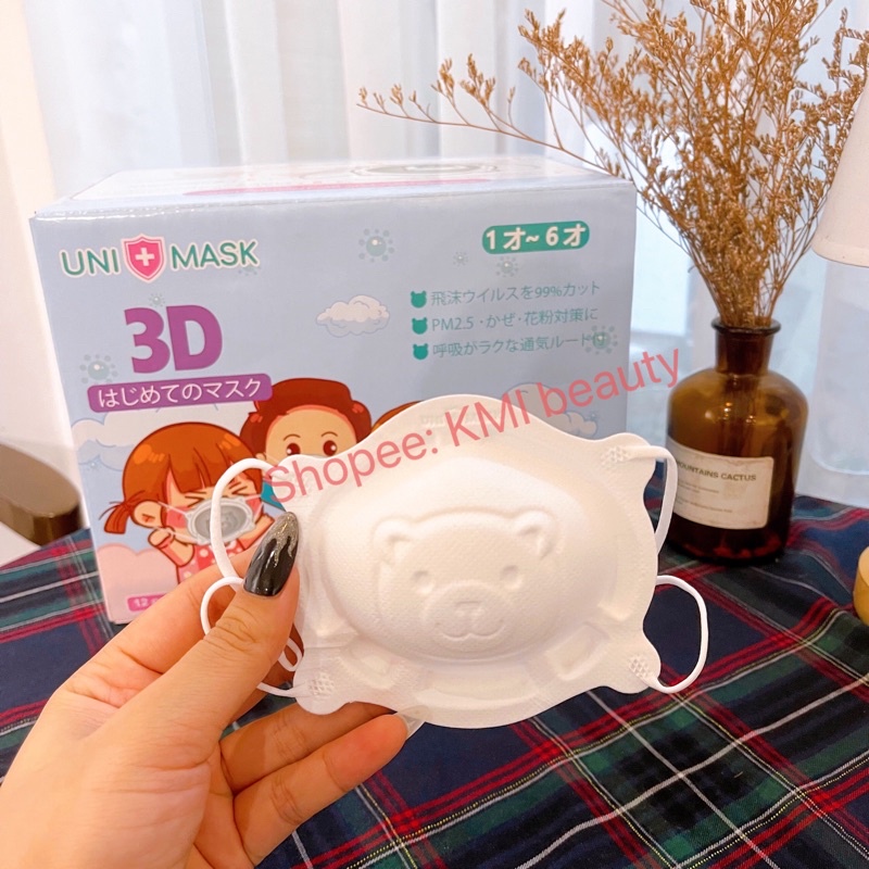 Khẩu trang gấu trẻ em hình gấu cho bé từ 0-3 tuổi UNI MASK bảo vệ hô hấp, chống giọt bắn. set gồm 3 cái, túi zip