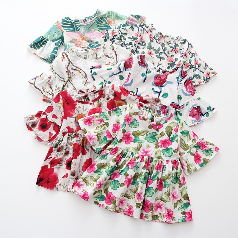 Đầm xòe cotton hoạ tiết hoa xinh xắn cho bé gái