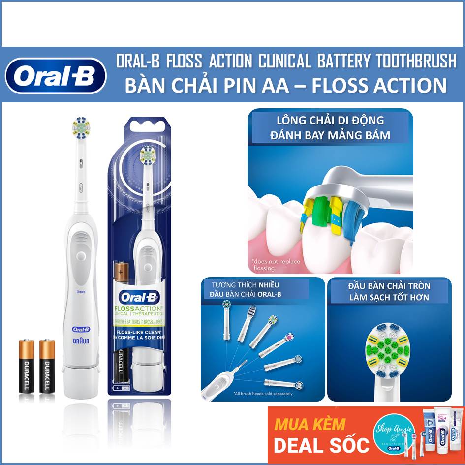 Bàn Chải Tự Động Oral-B FlossAction Clinical - Màu Trắng, Dùng Pin AA, Hẹn Giờ 2-Phút, Bàn Chải Điện Oral B