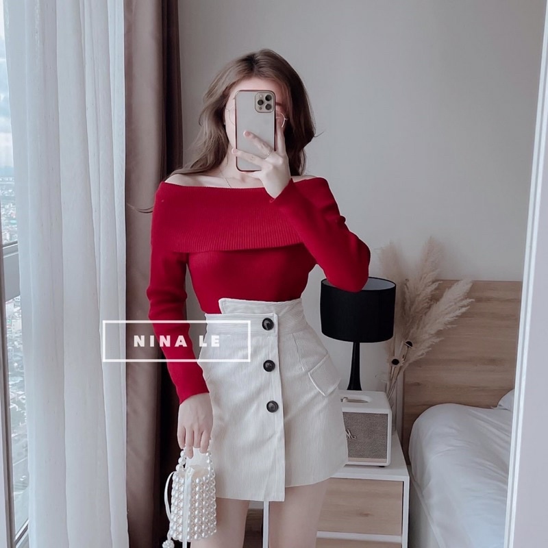 Set áo bẹt vai kèm chân váy,set đồ nữ đỏ đi chơi noel
