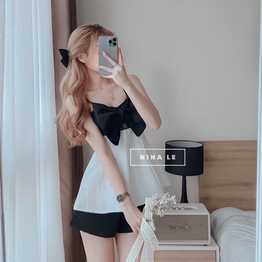 Sét bộ đồ nữ áo 2 dây phối nơ ngực kèm quần đùi