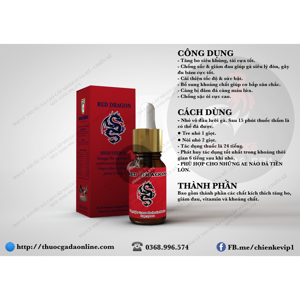 Thuốc gà đá RED DRAGON (RỒNG ĐỎ) - Chính hãng MEXICO - Tăng bo, tải cựa, chống ói, lỳ đòn - Chiết lẻ 1cc