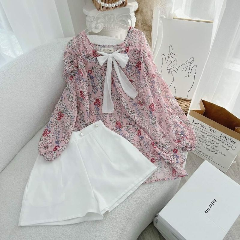 SET ÁO HOA NƠ TRẮNG TAY PHỒNG  + SHORT