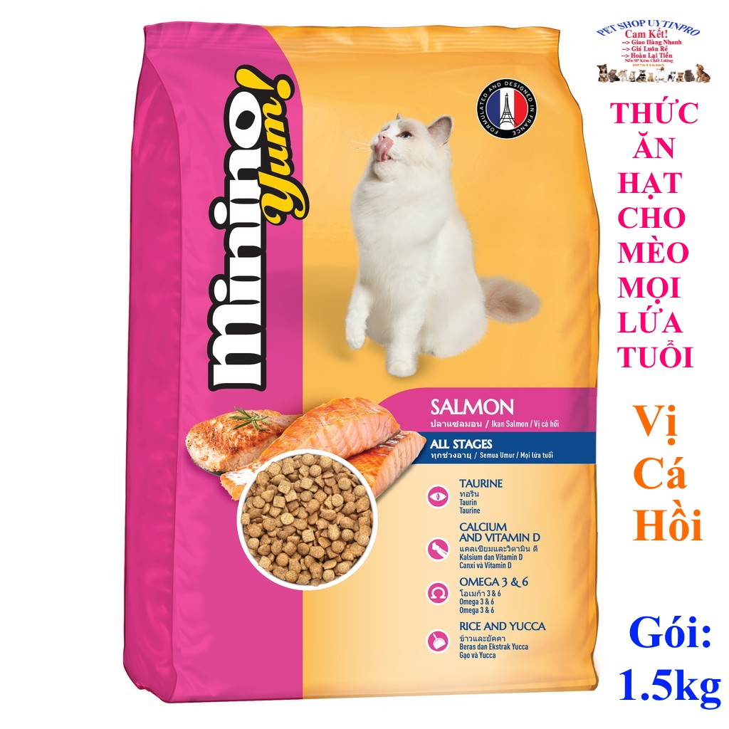 THỨC ĂN CHO MÈO Minino yum Salmon Dạng hạt Vị cá Hồi Gói 1.5kg Xuất xứ Thái Lan